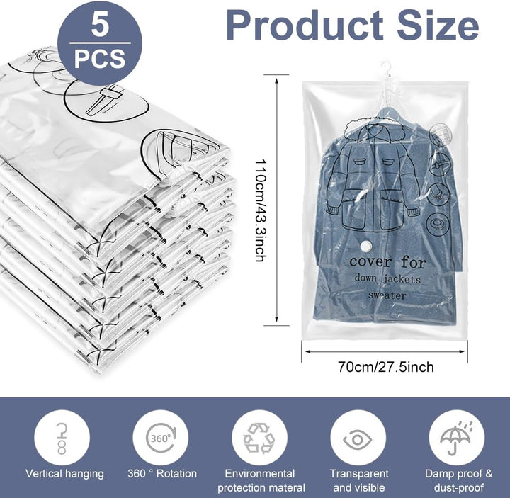 VicBou Vakuumbeutel für Kleidung 5 Stück, Hängende Vakuumierbeutel Kleidung (110x70cm), Vacuum Bags