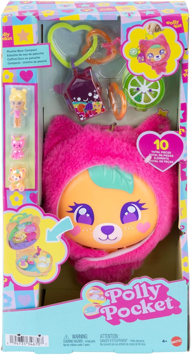 Polly Pocket Puppen- und Haustier-Spielset, Plüschbär-Schatulle, Schlüsselanhänger und Plüschtier, O