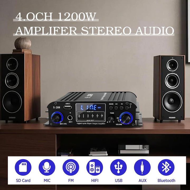 4-Kanal Verstärker, 1200W Audio Leistungsverstärker Bluetooth 5.0, 30Wx4 mit USB/Mikrofon/FM mit Fer