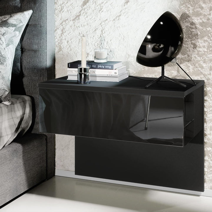 Vladon Nachttisch Sleep, Nachttischschrank mit Schublade zur Wandmontage, Schwarz matt/Schwarz Hochg