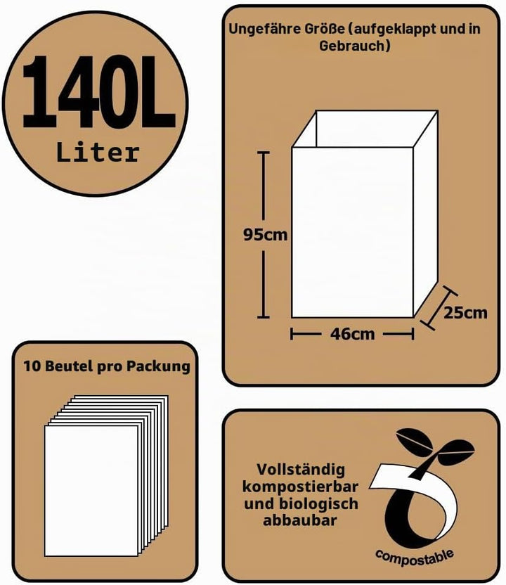 All-Green 140 Liter (140L) kompostierbare Papiermüllsäcke, 10 Müllsäcke