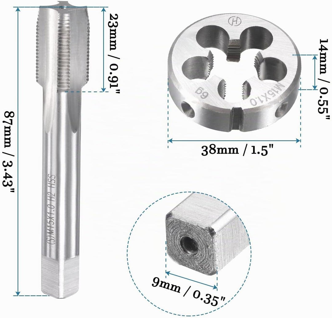 QUARKZMAN M15 x 1mm Metrischer Gewindebohrer und Rundmatrize Set x 1 Set 4 Flöten Schnellarbeitsstah