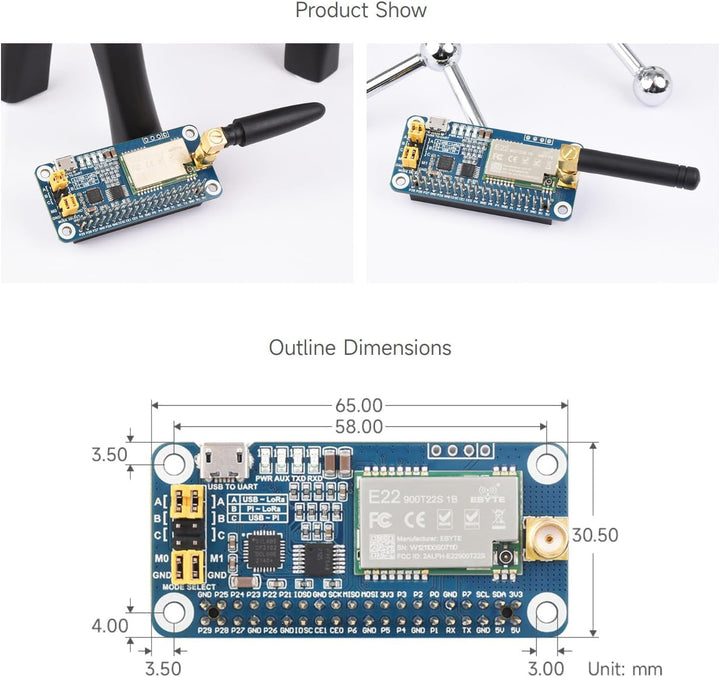 Waveshare SX1262 868M LoRa HAT, Compatible with Raspberry Pi, for Europe/Asia/Africa