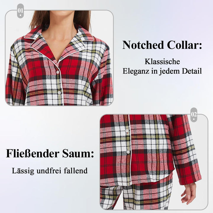 Mnemo Home Damen Schlafanzug Lang Flanell Pyjama Damen 100% Baumwolle aus Flanell Rot-weiss und Schw