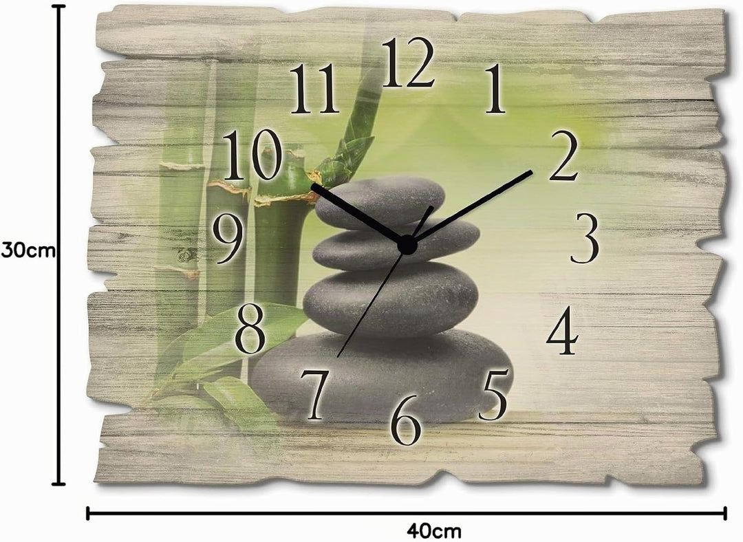 ARTLAND Wanduhr ohne Tickgeräusche aus Holz Funkuhr 40x30 cm Rechteckig Lautlos Zen Spa Steine Bambu