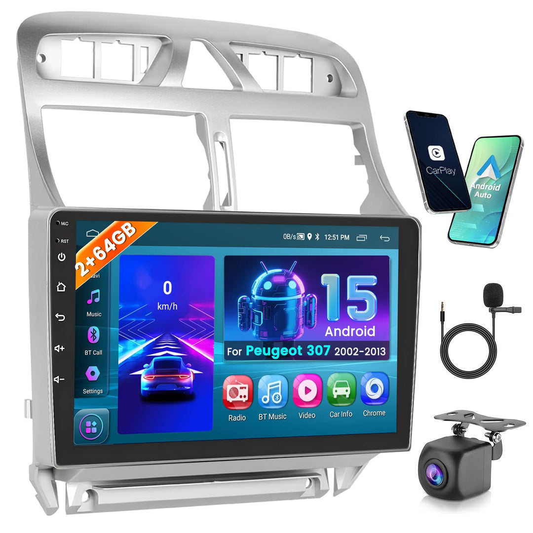 Hikity 2GB+64GB Android 15 Autoradio Wireless CarPlay Android Auto für Peugeot 307 SW CC (2002-2013)
