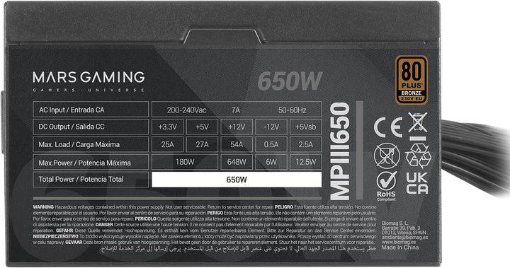 Mars Gaming MPIII650, PC ATX 650W Netzteil, 5 Jahre Garantie, Silent AI-RPM Technologie, 85% Wirkung