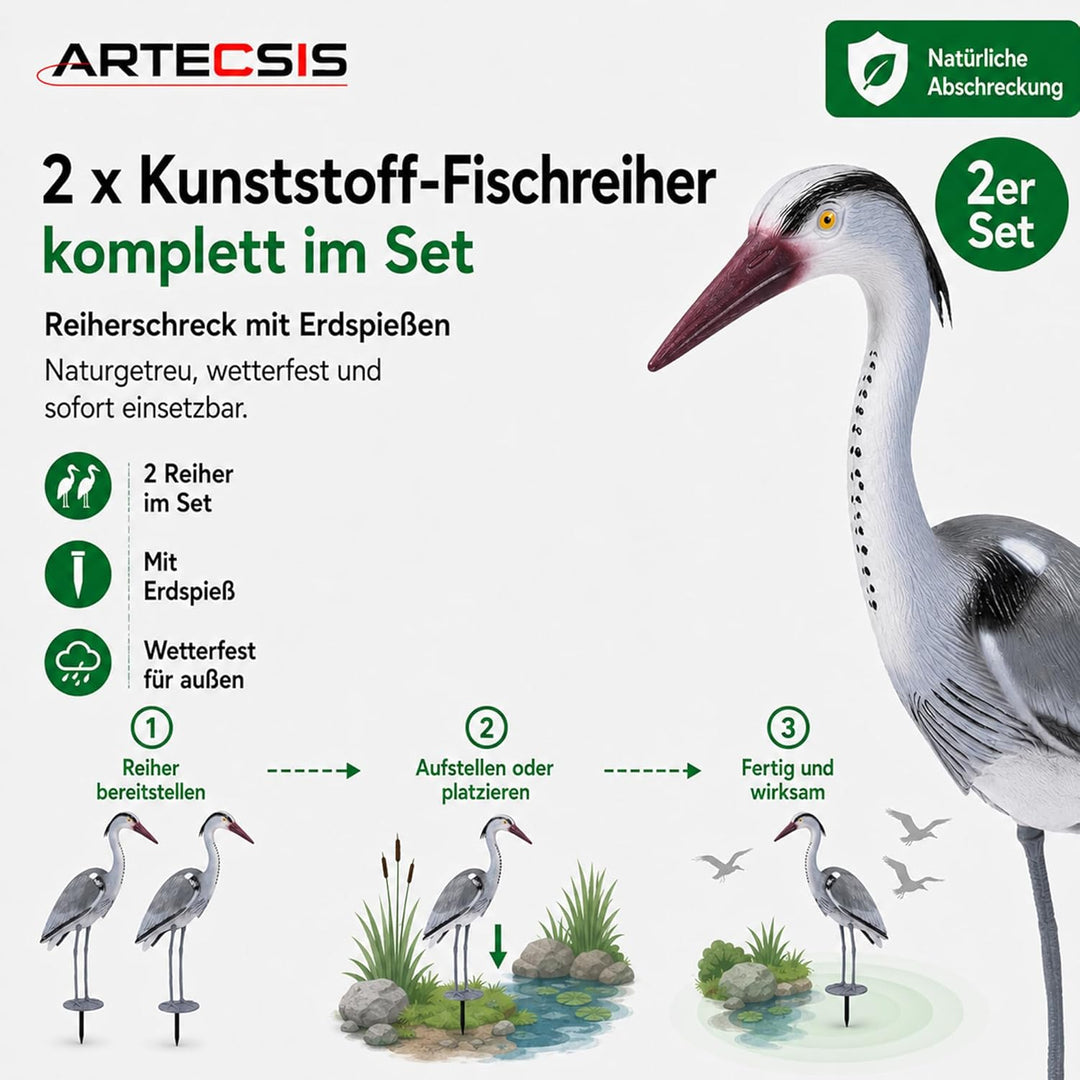 ARTECSIS® 2 x Kunststoff-Fischreiher Attrappe (70 cm) mit Erdspiess aus Kunststoff - Gartenteich Rei