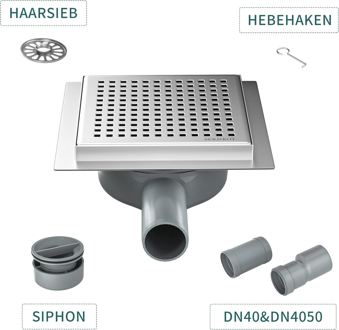 Duschrinne Quadrat 15 * 15cm, 360° Siphon mit Geruchsstop und Haarsieb Edelstahl Ablaufrinne Bodenab