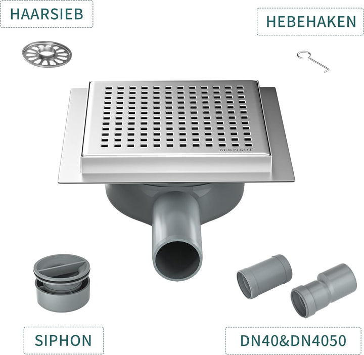 Duschrinne Quadrat 15 * 15cm, 360° Siphon mit Geruchsstop und Haarsieb Edelstahl Ablaufrinne Bodenab