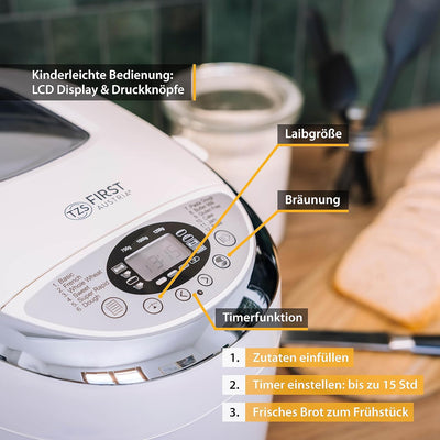 TZS First Austria Brotbackautomat, 1250g, 12 Automatik-Programmen, 2 Knethaken, Teig-, Marmelade- un