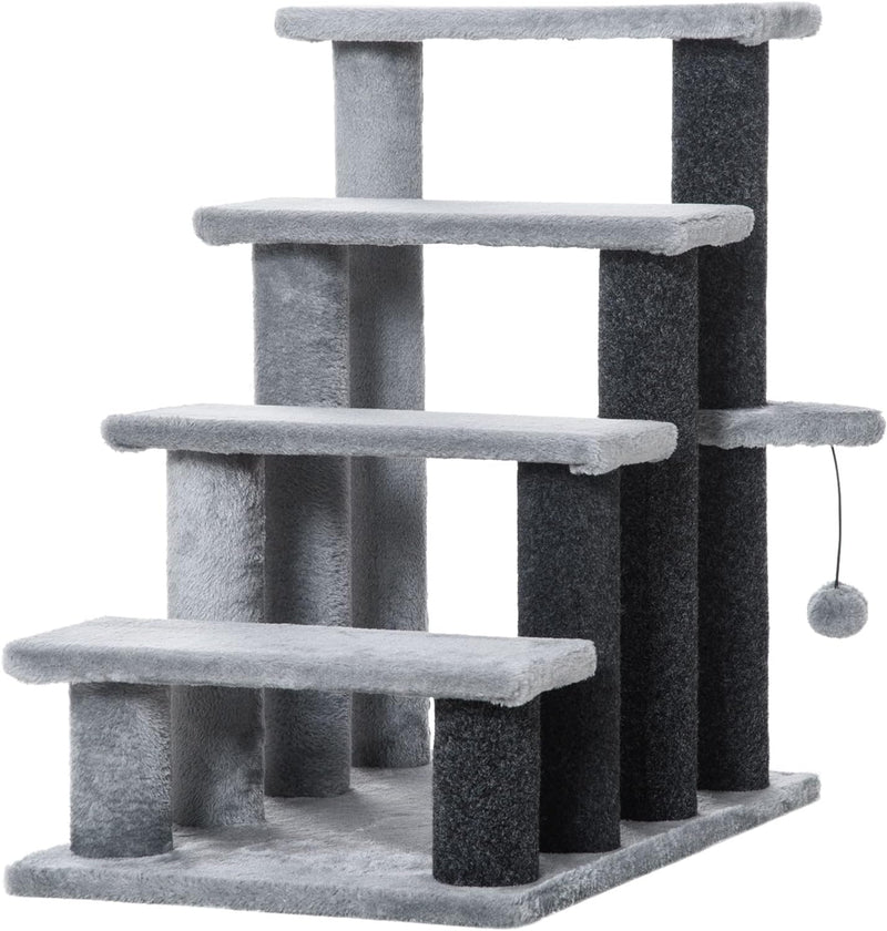 PawHut Haustiertreppe Katzentreppe mit Kratzbaum Ball 4-stufige Hundetreppe Tiertreppe Spanplatte Pl