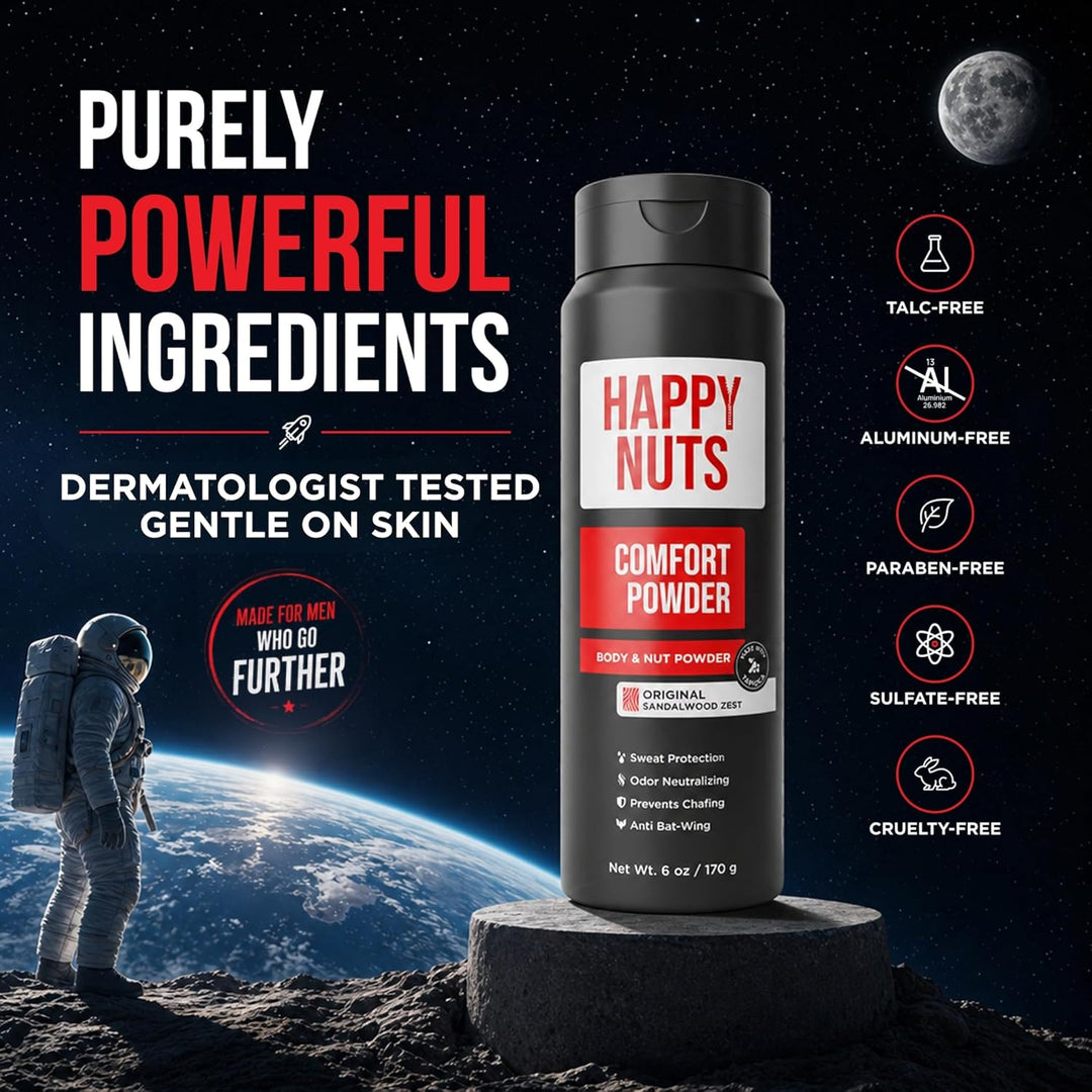 Happy Nuts Comfort Powder – Anti-Scheuern, Schweissabwehr und Geruchskontrolle für Leiste, Füsse und