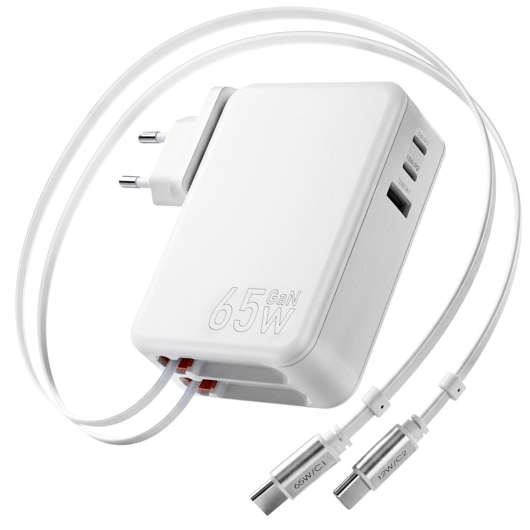 5 in 1 USB C Einziehbares Ladegerät 65W 3 Port Netzteil Schnellladegerät mit Einziehbarem Kabel,GaN