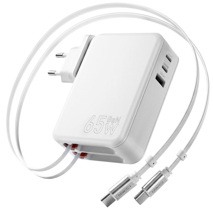 5 in 1 USB C Einziehbares Ladegerät 65W 3 Port Netzteil Schnellladegerät mit Einziehbarem Kabel,GaN
