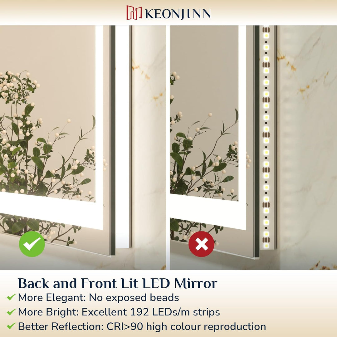 Keonjinn Badspiegel mit Beleuchtung 150x80cm, Beleuchtet Badezimmerspiegel Beschlagfrei Led Bad Spie