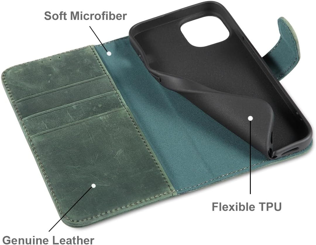 LENSUN Lederhülle für iPhone 13, Echtleder Handyhülle [Wallet Fach][RFID Schutz][Echtes Leder] Hülle