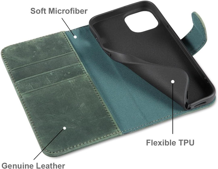 LENSUN Lederhülle für iPhone 13, Echtleder Handyhülle [Wallet Fach][RFID Schutz][Echtes Leder] Hülle