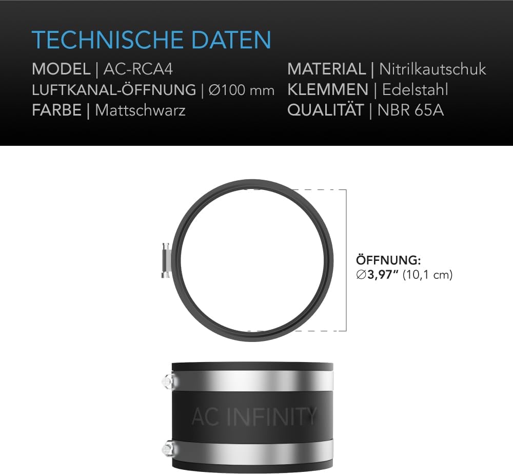 AC Infinity Geräuschreduzierende Klemme, Rohrverbinder mit Edelstahlklemmen, 100 mm – Flexible Klemm