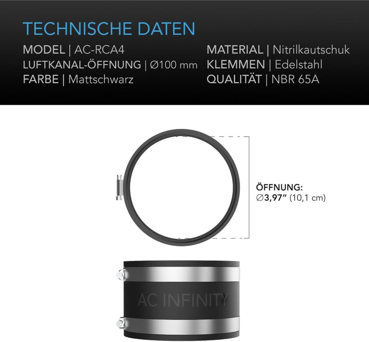 AC Infinity Geräuschreduzierende Klemme, Rohrverbinder mit Edelstahlklemmen, 100 mm – Flexible Klemm