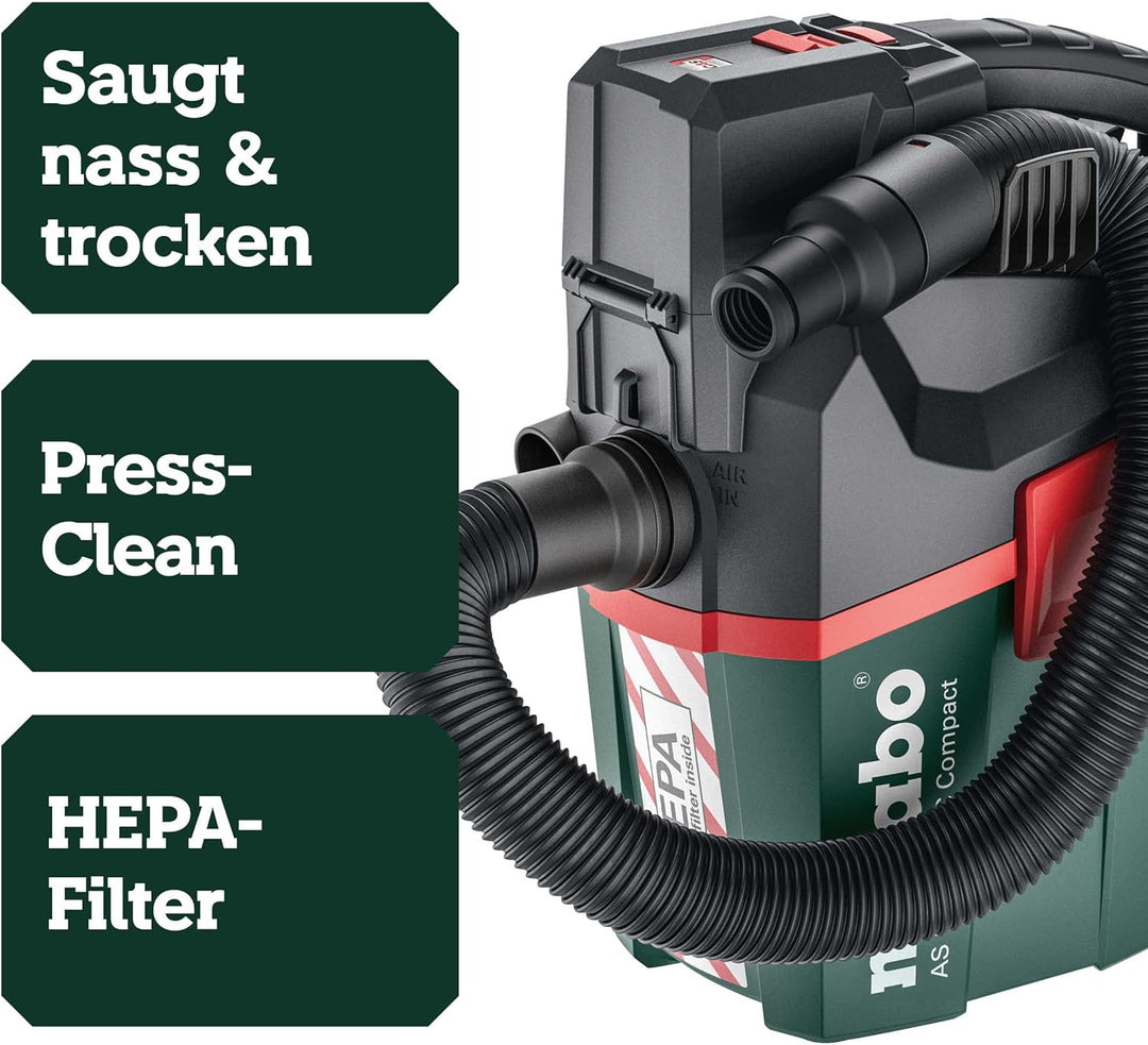 Metabo AS 18 HEPA PC Compact Akku-Sauger 18V - Karton- mit manueller Filterreinigung und HEPA Filter