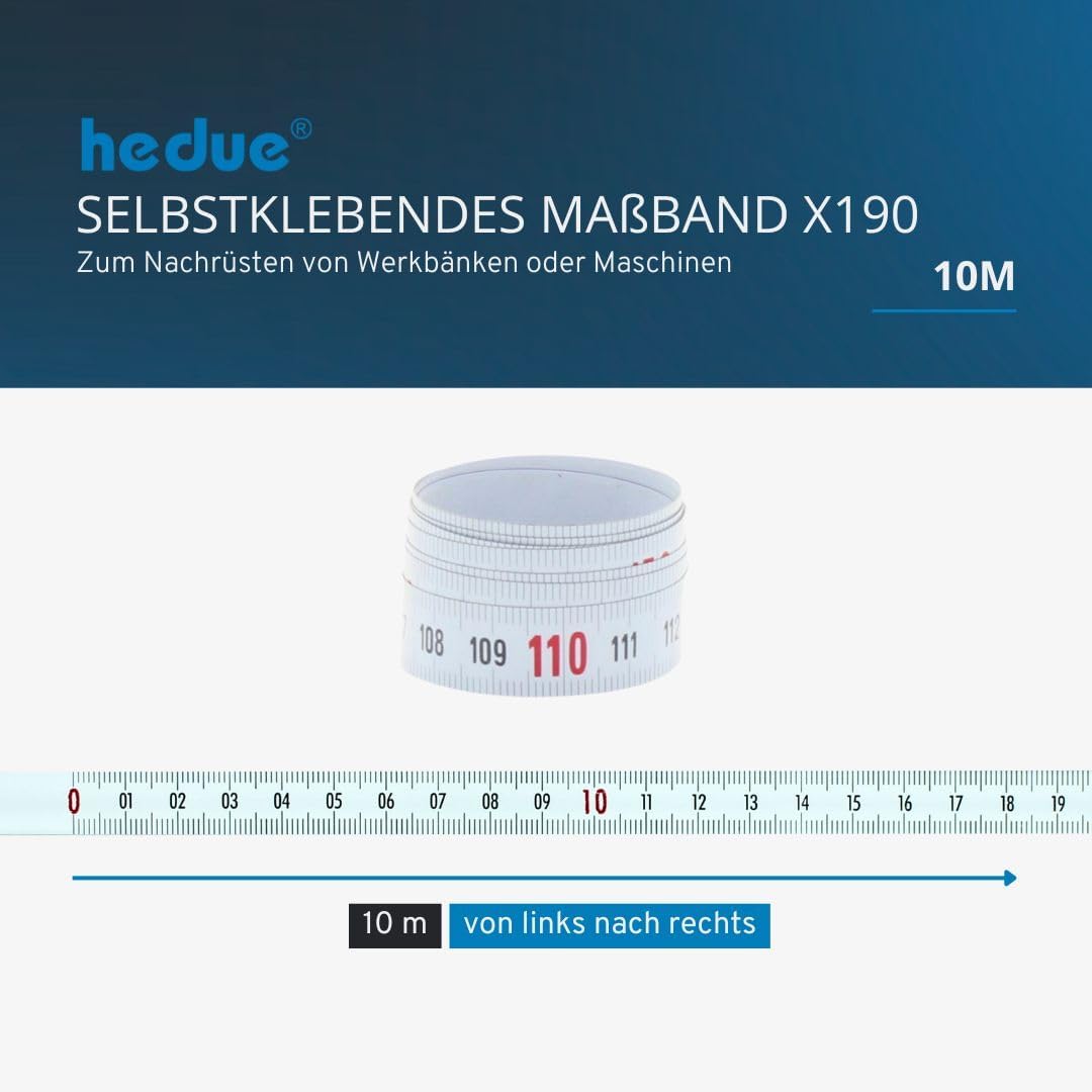 hedue® selbstklebendes Massband 10 m X190 - Massband selbstklebend , von links nach rechts von links