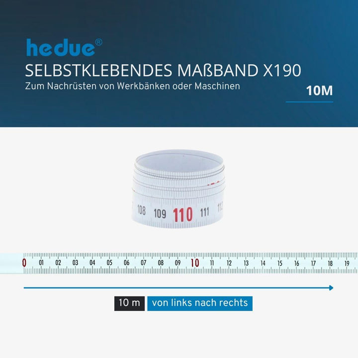 hedue® selbstklebendes Massband 10 m X190 - Massband selbstklebend , von links nach rechts von links