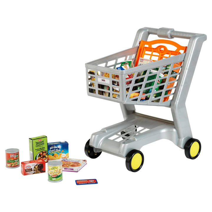 Klein Theo 7244 Einkaufswagen I Mit Klappsitz für Puppen I Gefüllt mit Deutschen Produkten für den K