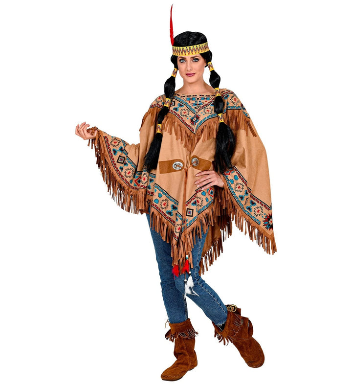 MIMIKRY Indianerin Indianer Poncho Wildleder-Optik mit Ethno-Druck Fransen Federn Wilder Westen West