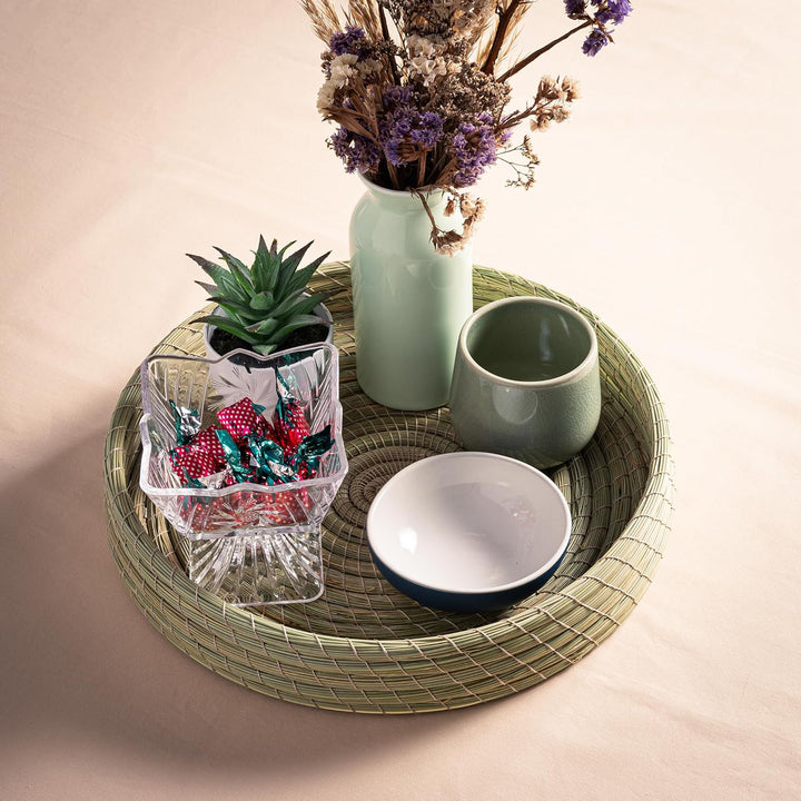 Darido Set von 3 Rund Halfa Trays Handmade - 30x30x10 CM Natural Authentic Halfa Gras - Tray für Bad