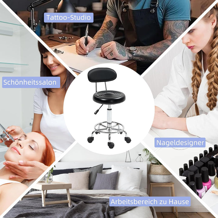 HOMCOM Rollhocker höhenverstellbar Drehhocker Drehbar Salon Hocker mit Lehne, Rädern, Arbeitshocker