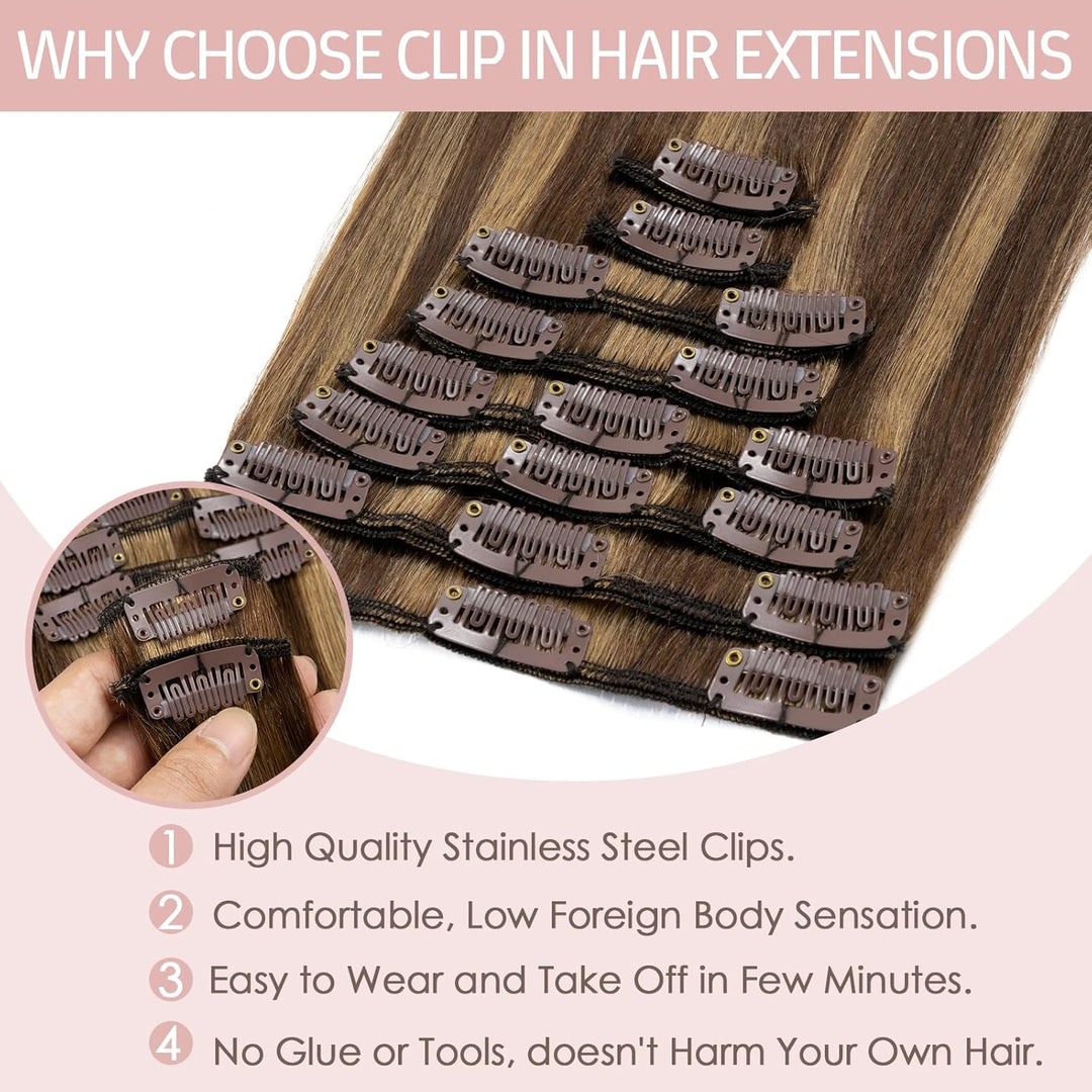 Silk-co Echthaar Clip In Extensions 8 Tressen 18 Clips 55g, Schokoladenbraun und Dunkelblond Hair Ex
