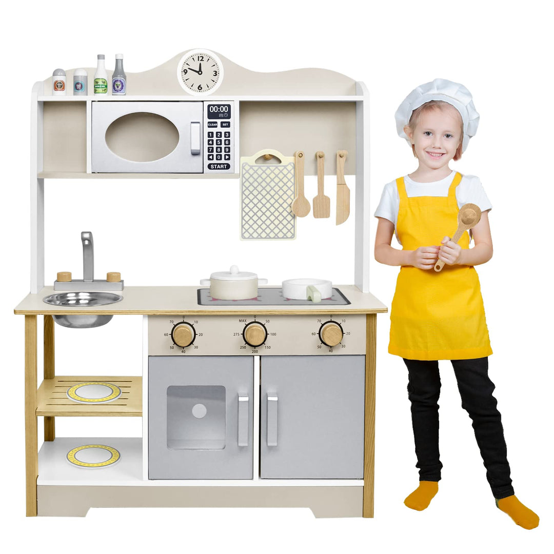 YRHome Kinderküche Holzküche Spielküche 68x26x78cm für Kinder Küchenzeile Zubehör Spielset mit 2 Koc