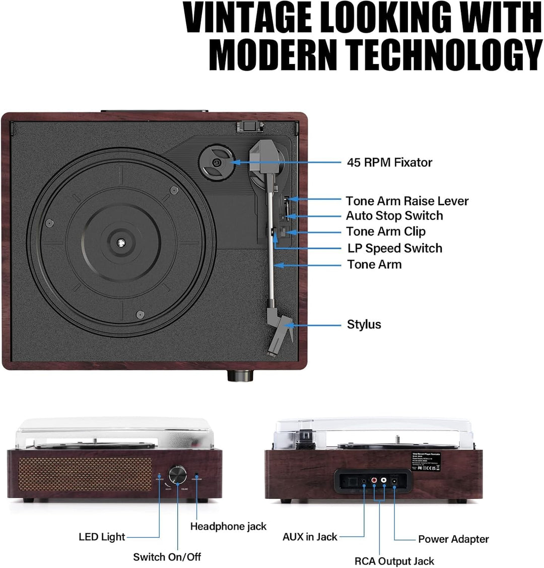 Vinyl Plattenspieler, Bluetooth tragbaren Vinyl Plattenspieler Schallplattenspieler mit 3-Gang 33/45