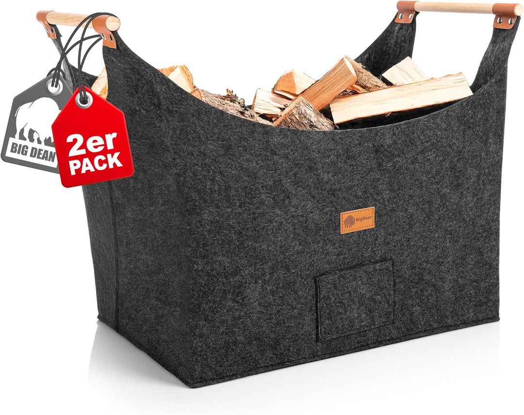 BigDean 2 Stück Holzkorb für Kaminholz belastbar bis 15kg – Brennholzkorb aus robustem Filz
