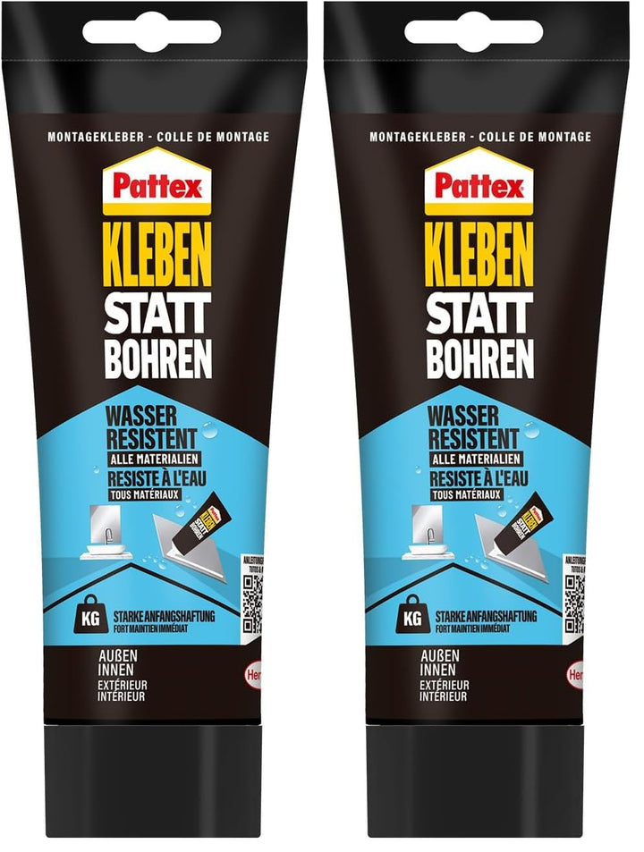 Pattex Montagekleber Kleben statt Bohren Wasserresistent, Kraftkleber für innen & aussen, universell