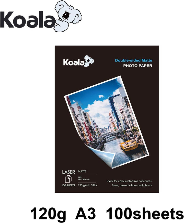 KOALA Fotopapier für Laserdrucker, Doppelseitig, Matt, A3, 120 g/m², 100 Blatt. Geeignet zum Drucken