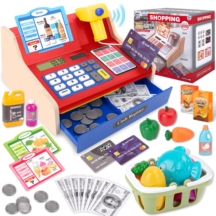 JONRRYIN Holz Kasse Kinder Spielzeug, Spielkasse Kinderkasse mit Scanner &amp; Sound, Spielgeld Einkaufs