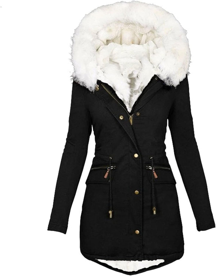 EMATOP Wintermantel Damen Warmer Lang Jacke Baumwolle Einfarbig Wanderjacke mit Kapuze Wintermantel