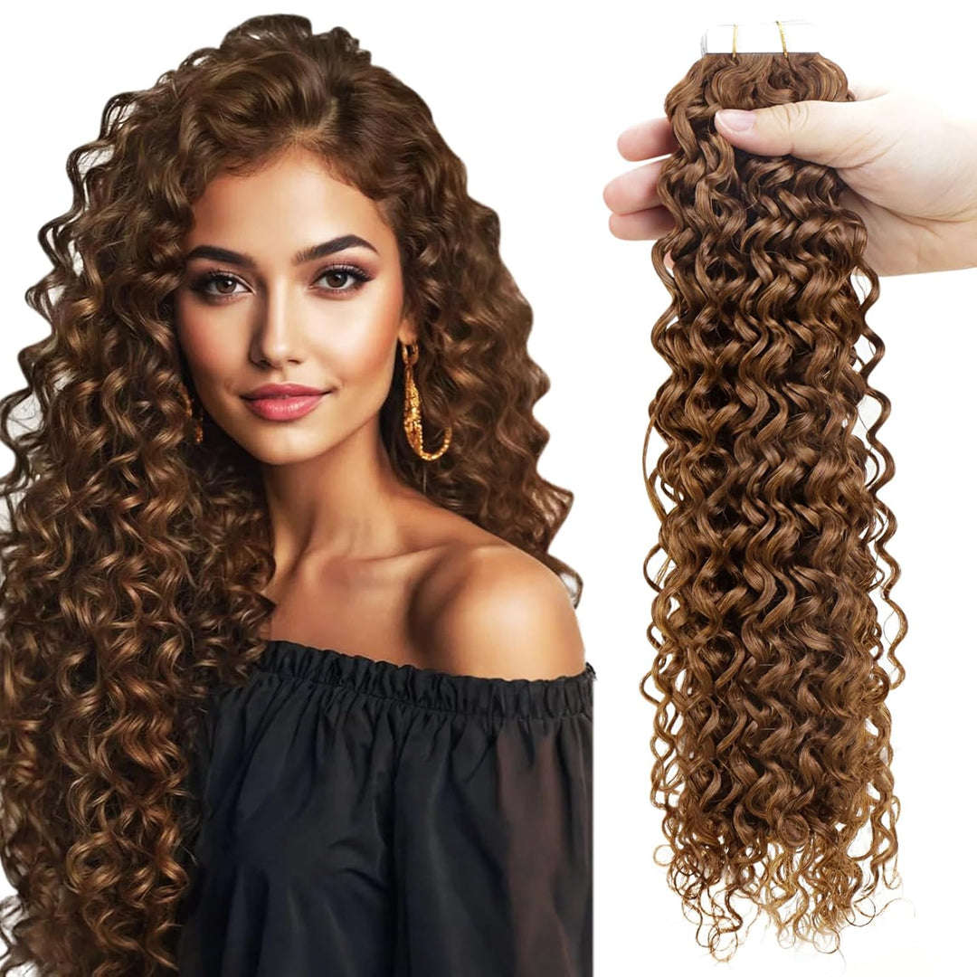 RUNATURE Tape in Extensions Echthaar Braun Natürliche Welle 50cm Tape Echthaar Extensions Remy 20pcs