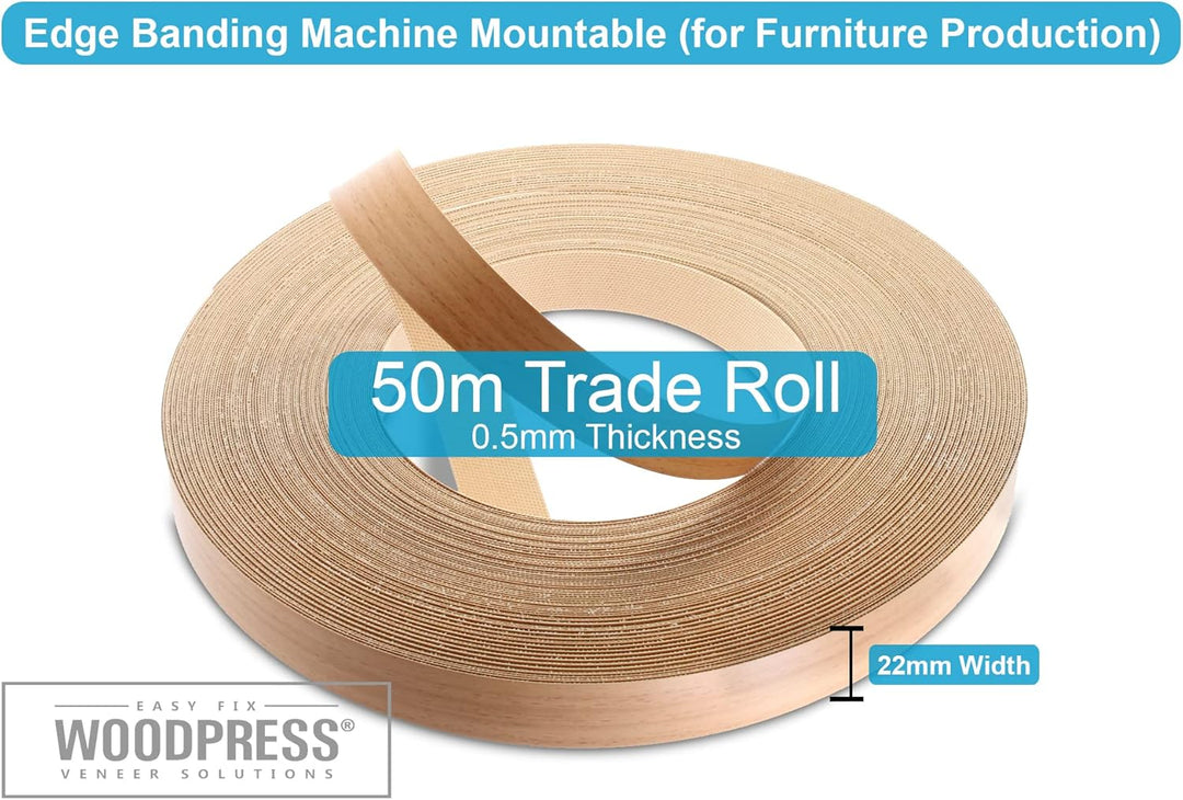 WoodPress® 22mm Buchenholz-Stil Melamin Kantenumleimer mit Schmelzkleber – 50m Industrielle Rolle –