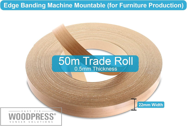 WoodPress® 22mm Buchenholz-Stil Melamin Kantenumleimer mit Schmelzkleber – 50m Industrielle Rolle –