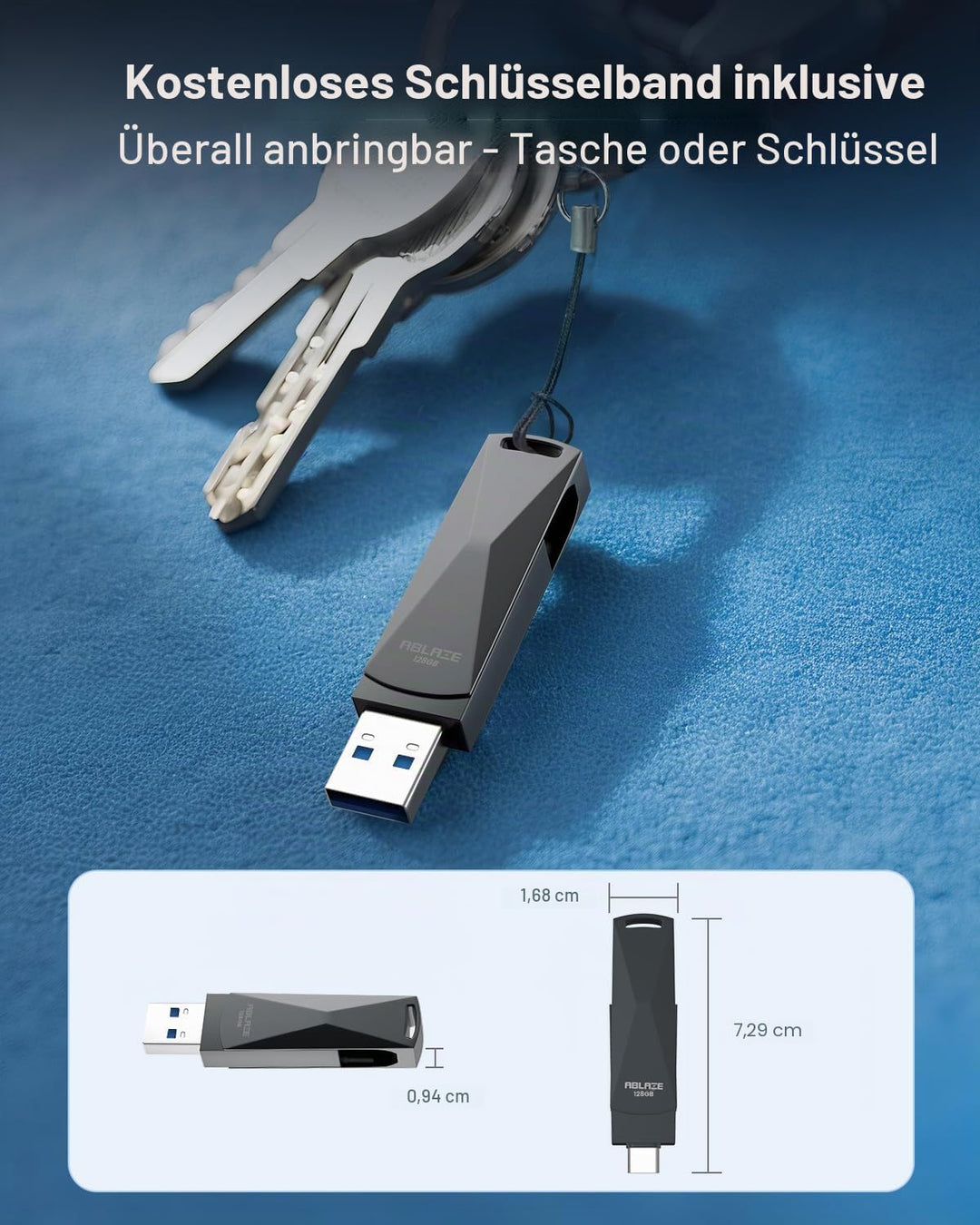 ABLAZE 128 GB USB C Stick, Dual USB 3.0 + Typ C, kompatibel mit iPhone 16/15, Android-Smartphones, C