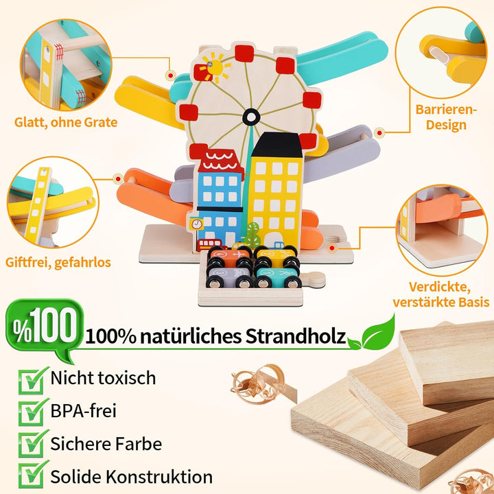 FCSONU Kinder Montessori Spielzeug ab 1-4 Jahre, Autorennbahn/Murmelbahn/Kugelbahn Holz ab 1 Jahr, K