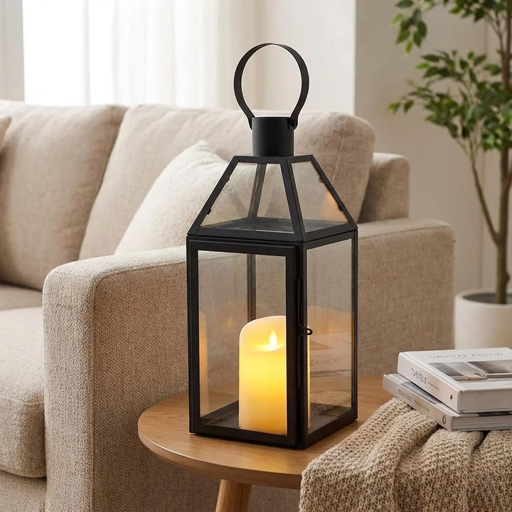 JHY DESIGN Schwarze dekorative Laternen 40.5 cm hoch Edelstahl-Kerzenlaternen mit gehärtetem Glas fü