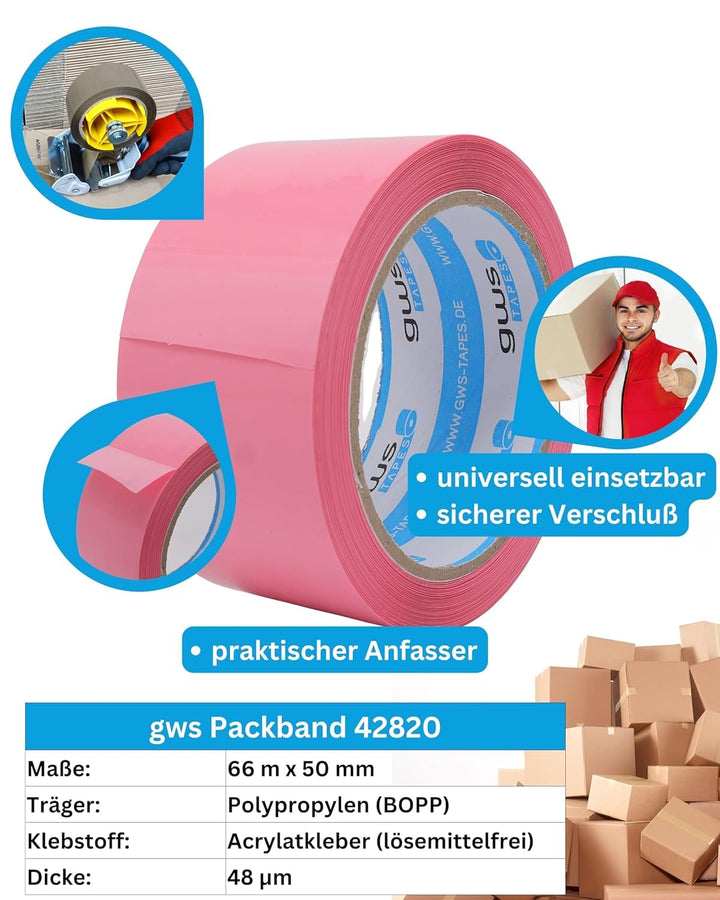 gws Verpackungs-Set mit robustem Lager/-Industrie Abroller und 6 Rollen Pink 66m x 50mm zum Verpacke