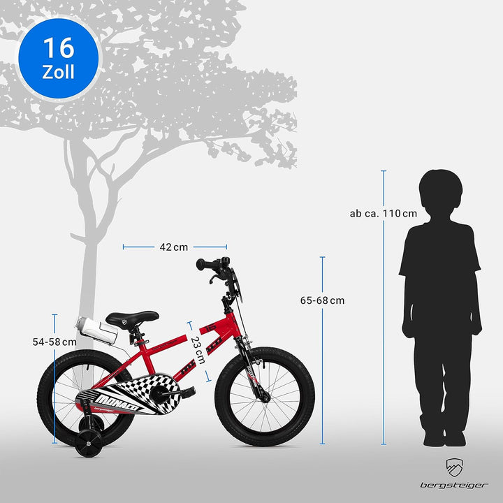 Bergsteiger Monaco 16 Zoll Kinderfahrrad, geeignet für 4, 5, 6 Jahre, BMX, Stützräder, Rücktrittbrem
