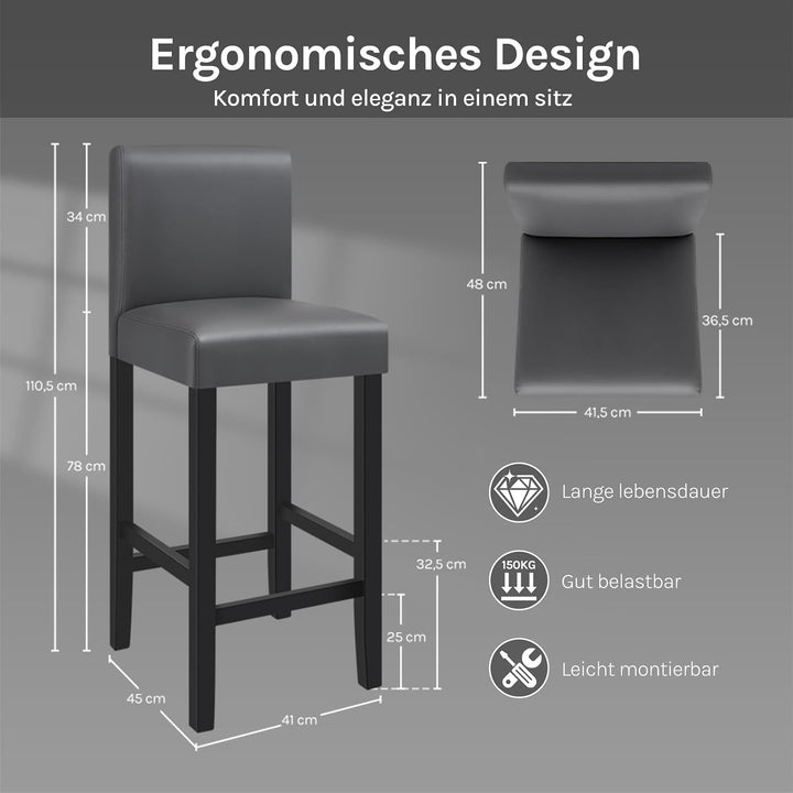 WOLTU Barhocker 2er Set, mit Lehne, Massivholz+Kunstleder, Grau | Barstuhl mit Fussstütze, Bistrostu
