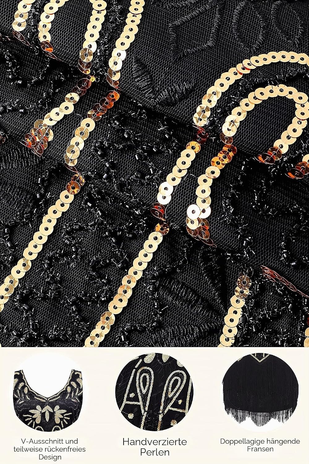 BABEYOND Damen Flapper V-Ausschnitt Kleid Cocktailkleid XXL Schwarz, XXL Schwarz