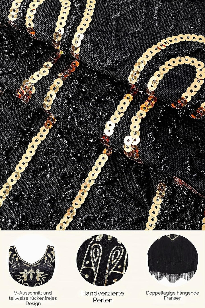 BABEYOND Damen Flapper V-Ausschnitt Kleid Cocktailkleid XXL Schwarz, XXL Schwarz